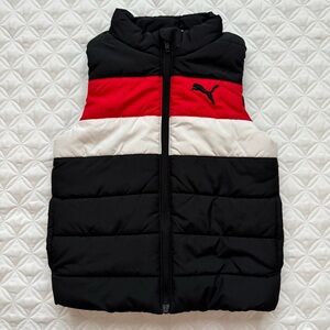 Puma Youth Red White Black Colorblock Striped Full Zip Puffer Vest Size XXS 3/4